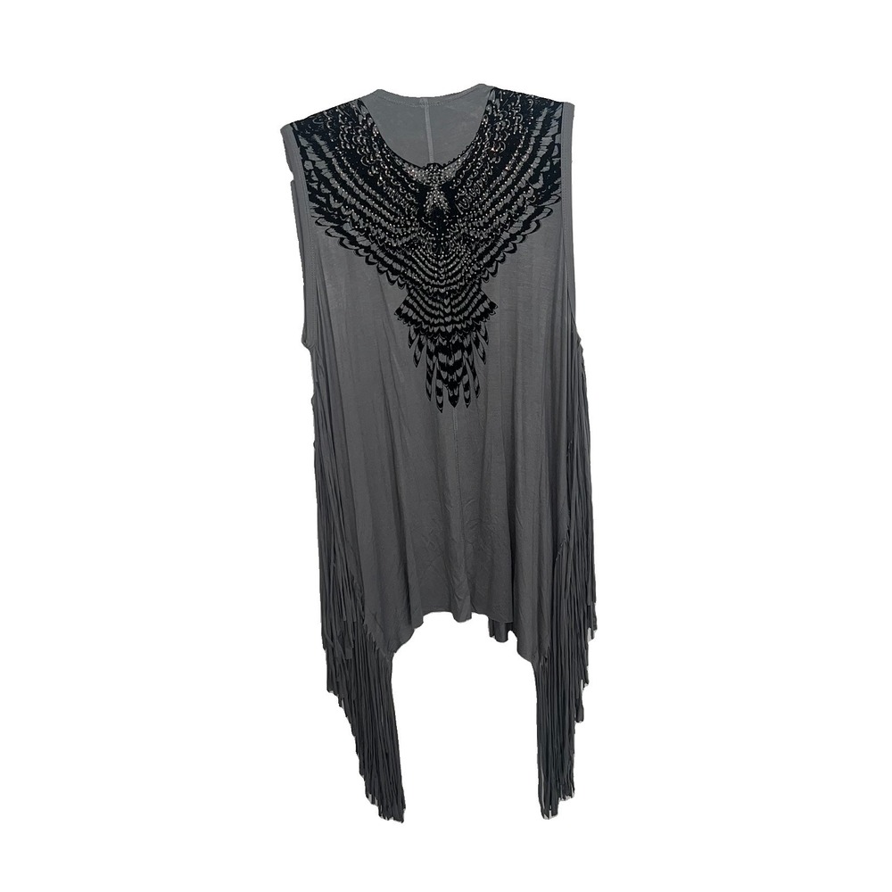 Vocal Womens XL Gray Embellished Fringe Vest Duster Black Beaded Boho Y2K - Picture 5 of 10